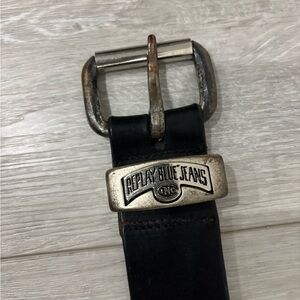 Vintage Replay Jeans Black Leather Belt with Silver Buckle